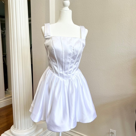 White Satin Corset Fit and Flare Mini Dress Bachelorette Party Bridal Graduation - Picture 3 of 13